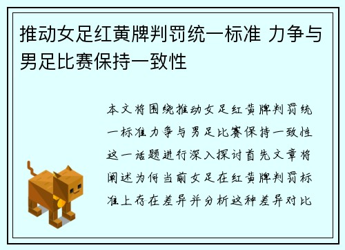 推动女足红黄牌判罚统一标准 力争与男足比赛保持一致性